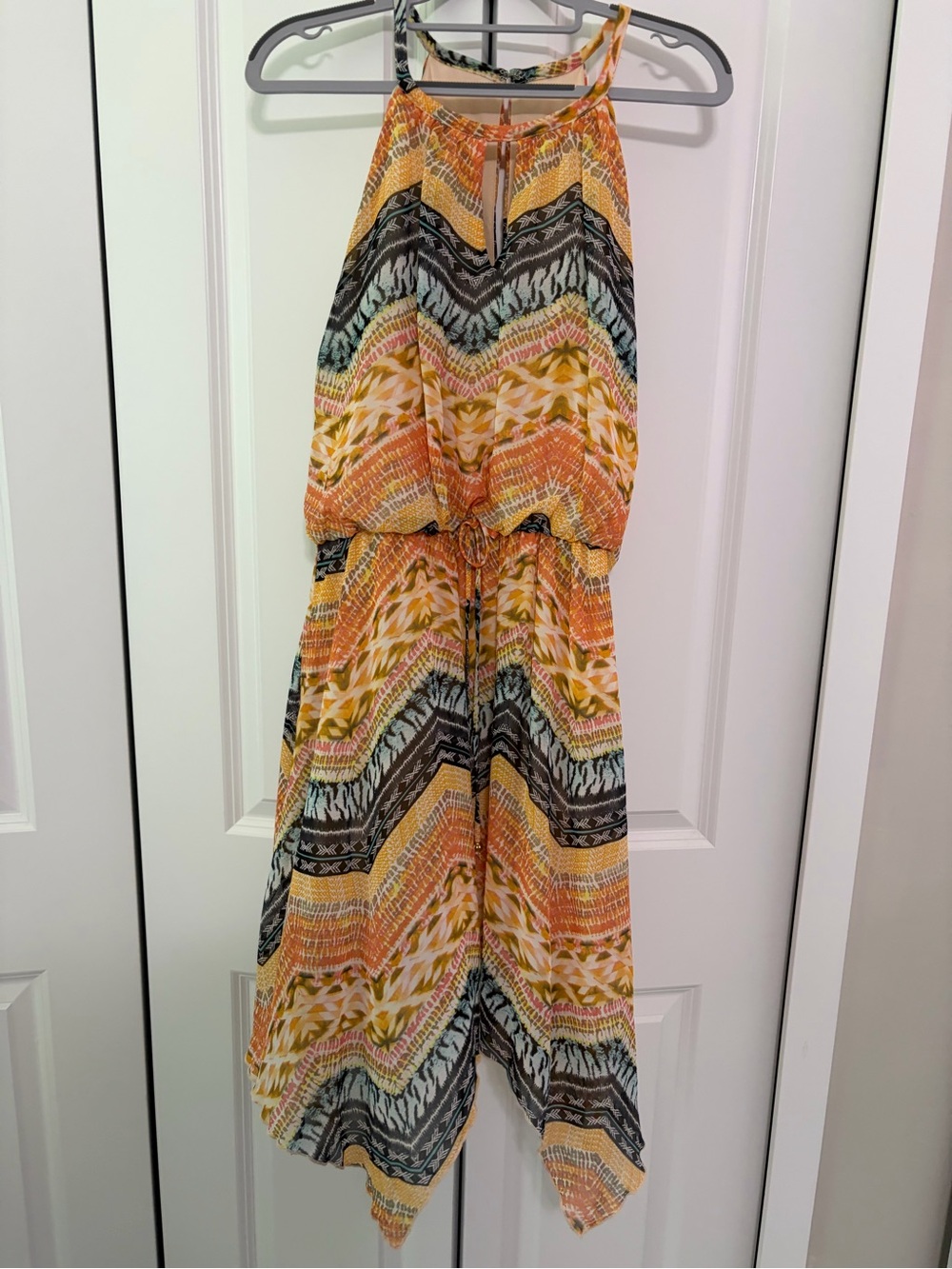 City Triangle Sleeveless Chevron-Print Halter Midi Dress in Multi-Color